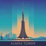 vue stylisée de almas tower in dubai sur fond doré et bleu