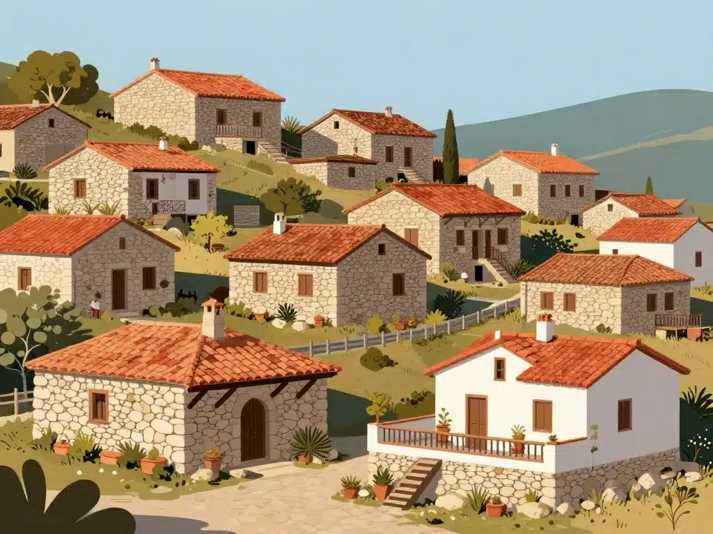 maisons sardes typiques en pierre dans paysage méditerranéen