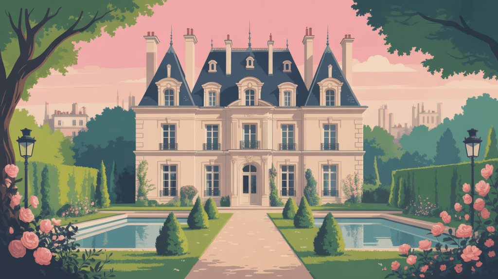 illustration moderne manoir parisien jardin et façade
