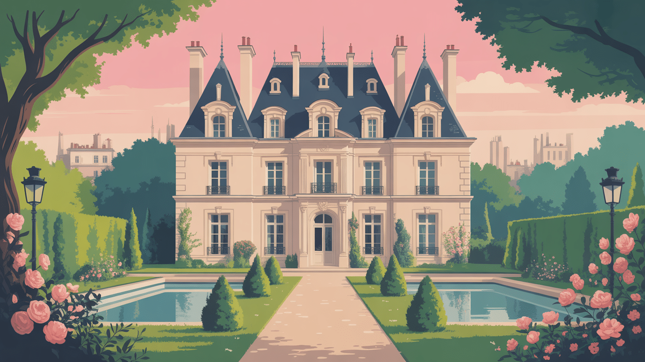 illustration moderne manoir parisien jardin et façade