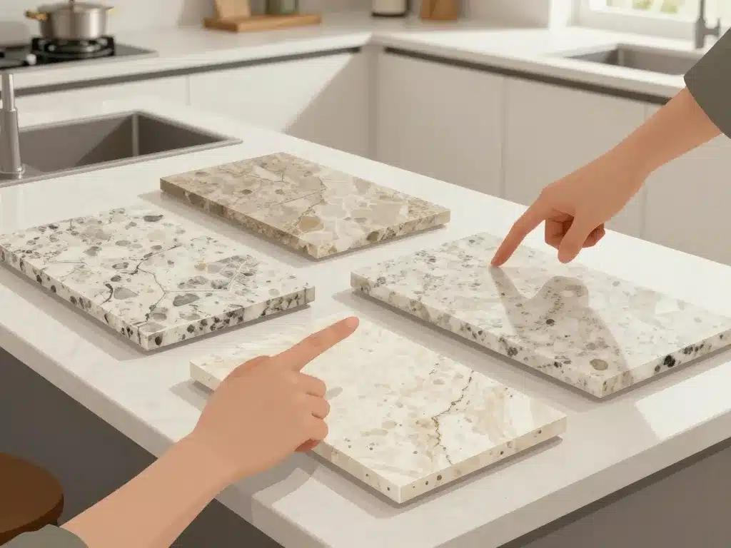 échantillons quartzite plan de travail sélection cuisine