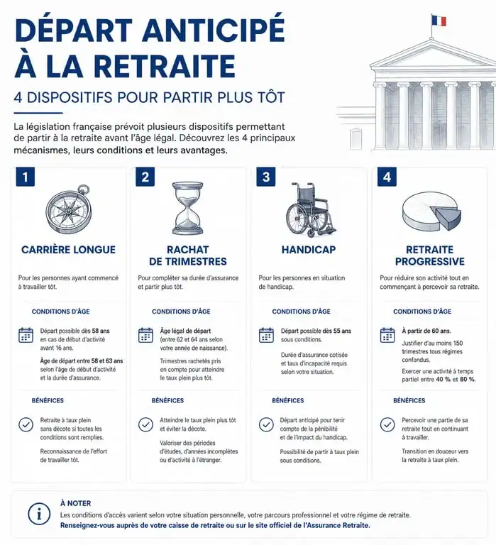 Infographie comparative des dispositifs pour partir en retraite plus tôt en France