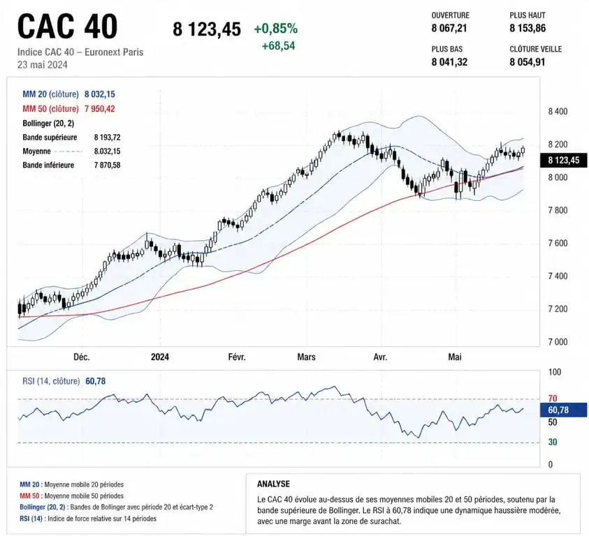 Graphique illustrant les signaux de trading avec indicateurs techniques RSI et moyennes mobiles