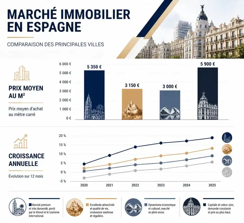 Infographie comparative des prix et croissance du marché immobilier en Espagne par ville