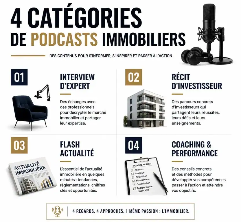 Infographie des types de podcasts immobilier : expert, investisseur, actualité et coaching