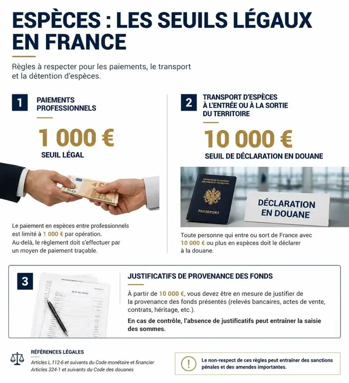 Infographie sur les seuils légaux et justificatifs pour la détention d'argent liquide chez soi