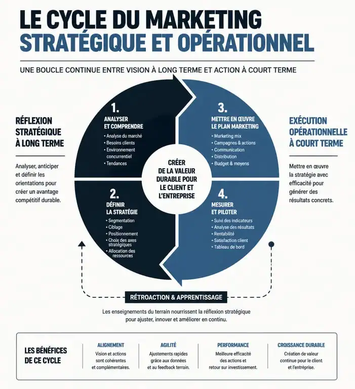 Schéma illustrant la complémentarité entre le marketing stratégique et le marketing opérationnel dans l'entreprise