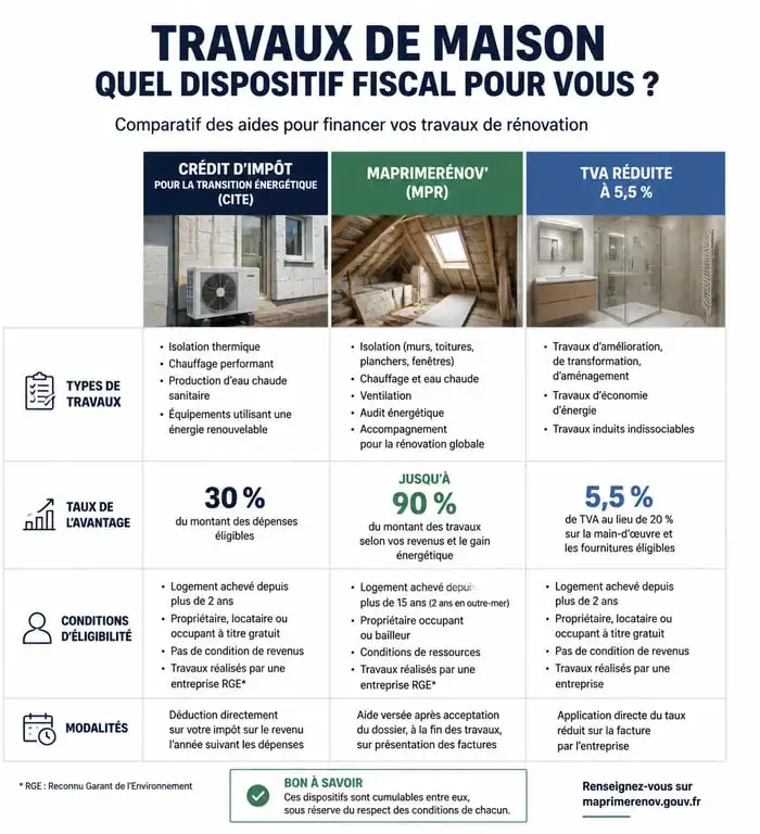 Tableau récapitulatif des aides fiscales et travaux maison impots