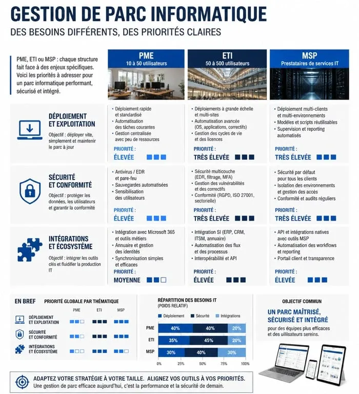 Infographie comparative des solutions de gestion de parc informatique pour PME, ETI et MSP