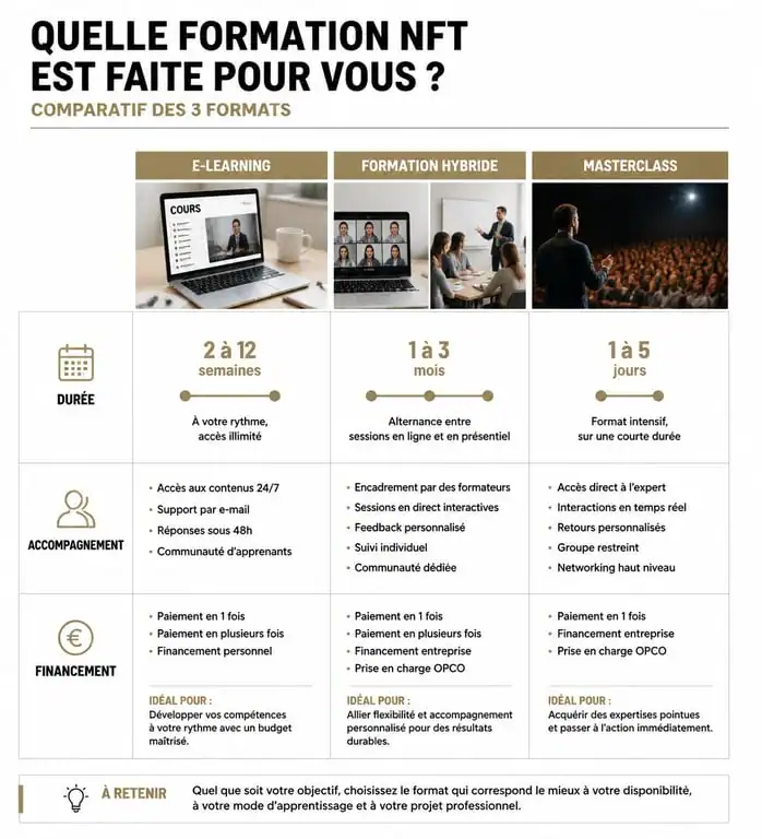 Comparatif des formats de formation NFT : E-learning, Hybride et Masterclass