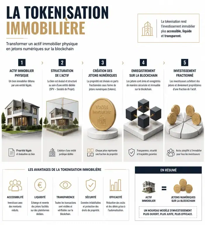 Schéma explicatif du fonctionnement de la tokenisation immobilière et des NFT immobiliers