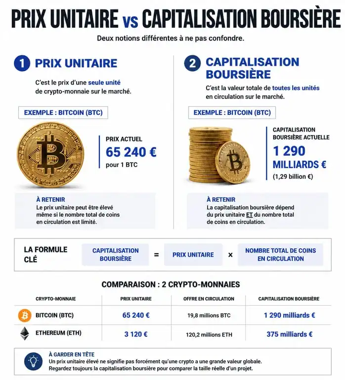 Infographie explicative sur la capitalisation boursière et le cours des crypto-monnaies