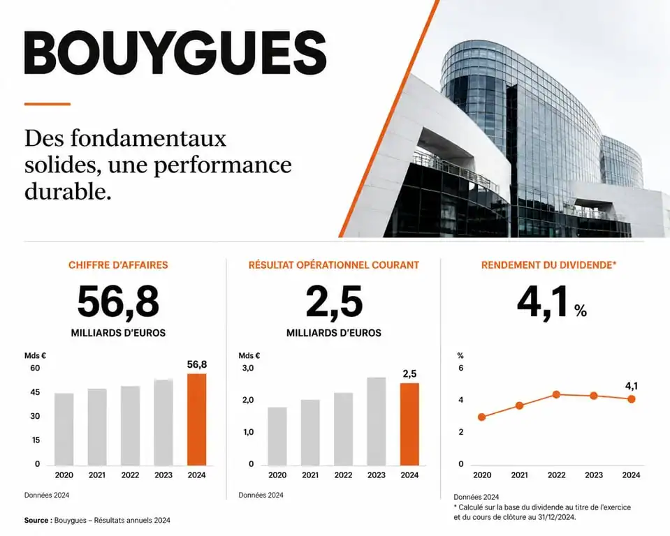 Infographie des indicateurs financiers clés pour l'action Bouygues : chiffre d'affaires, résultat opérationnel et dividende