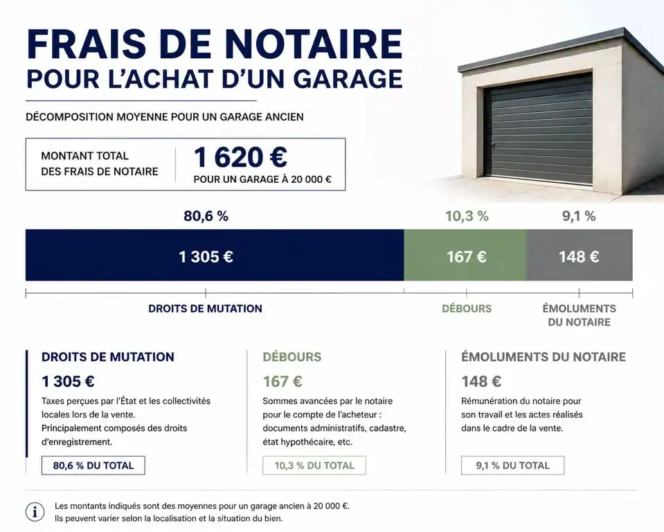 Graphique de la décomposition des frais de notaire pour l'achat d'un garage ou d'un parking