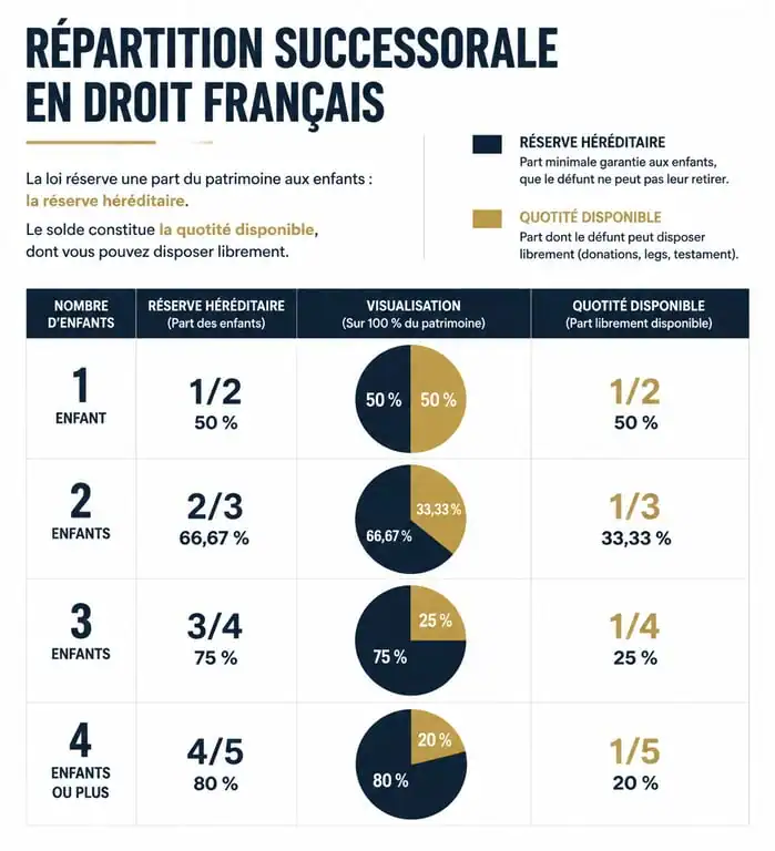 Schéma de la réserve héréditaire et de la quotité disponible selon le nombre d'enfants