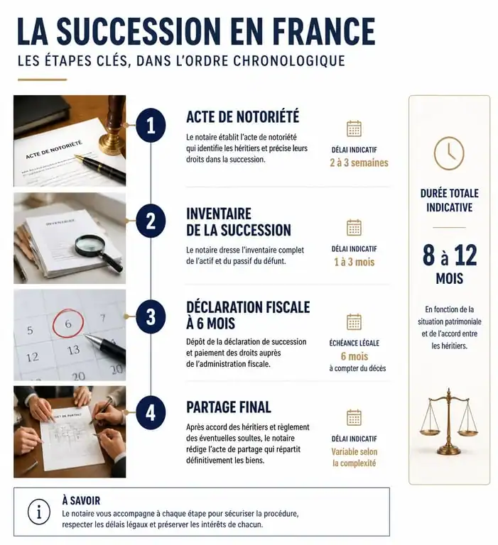 Infographie illustrant les étapes et délais d'une succession en France