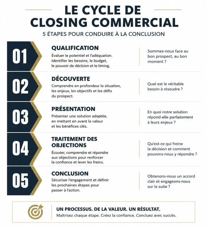 Infographie des étapes du cycle de closing pour réussir ses ventes