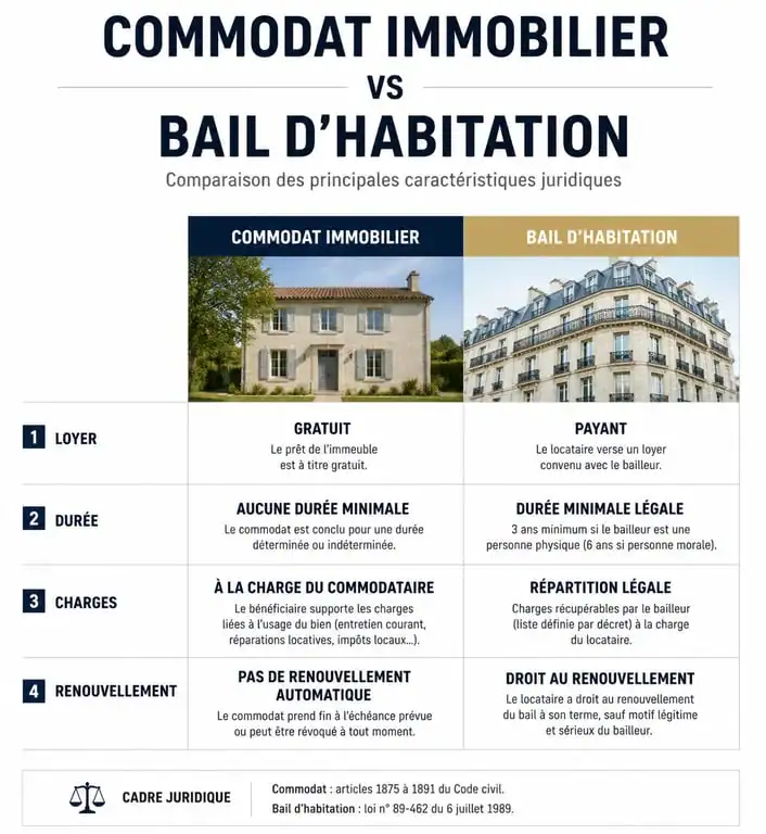 Comparatif entre commodat immobilier et bail d'habitation : différences clés