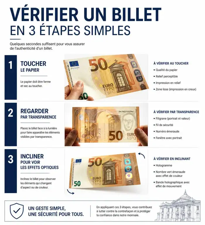 Méthode de vérification d'un billet de banque français : toucher, regarder, incliner