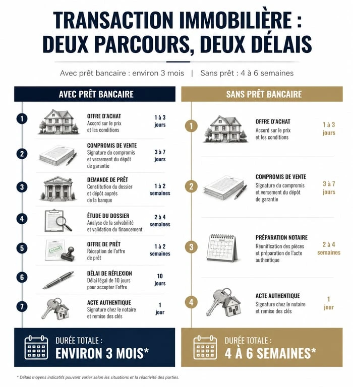 Infographie comparant les délais d'un compromis de vente sans emprunt par rapport à une vente classique
