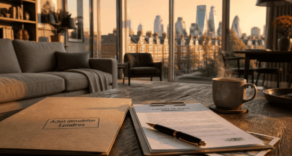 Salon moderne immobilier Londre vue city