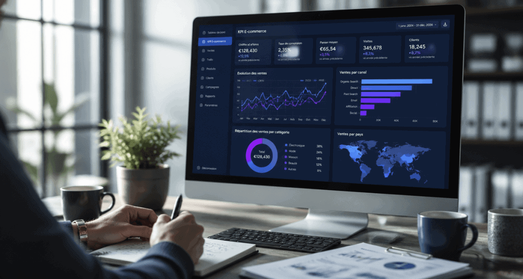 KPI e commerce sur écran avec graphiques