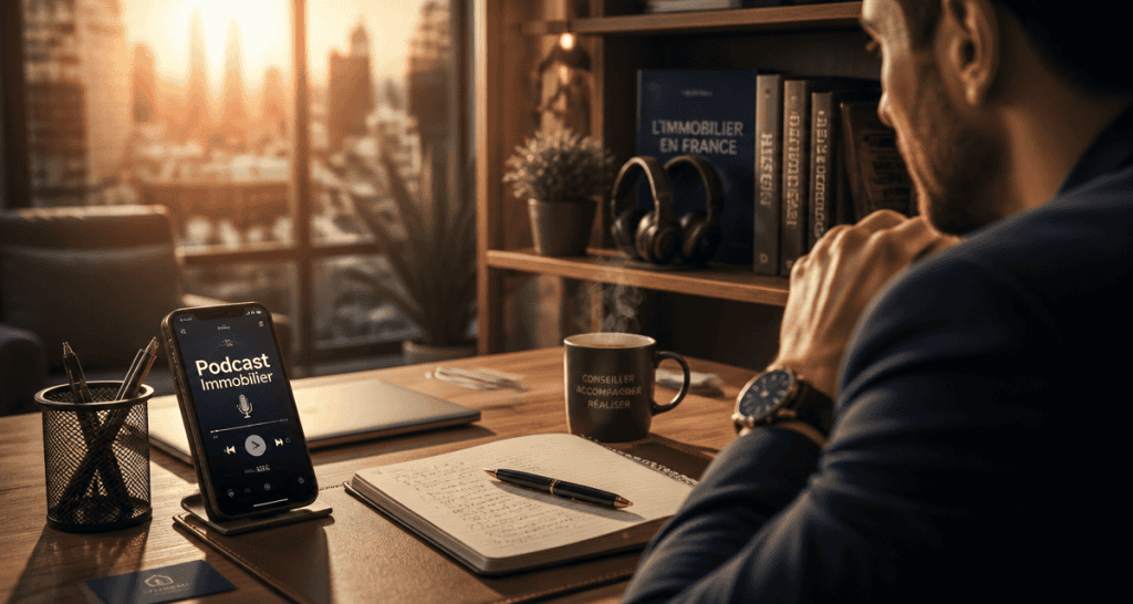 Agent écoute podcast immobilier dans bureau moderne