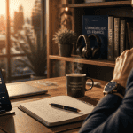 Agent écoute podcast immobilier dans bureau moderne
