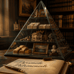 pyramide patrimoniale en verre sur bureau
