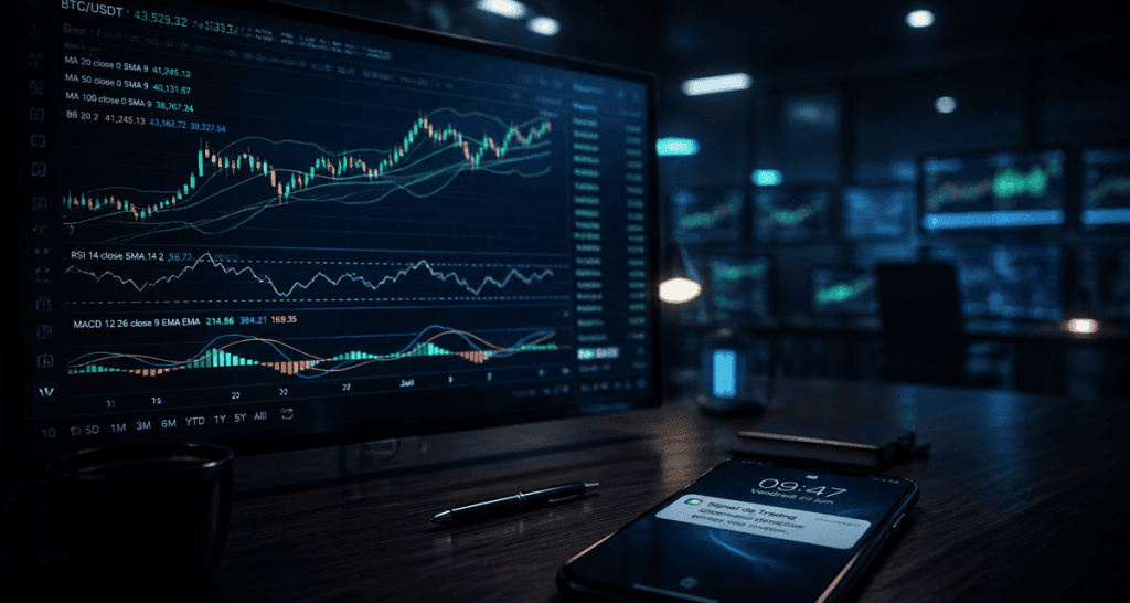 Signaux trading sur écran de marché