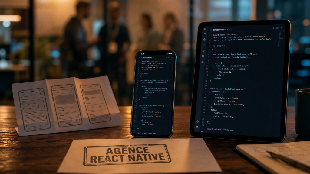 Agence react native : maquette mobile et écrans code React Native