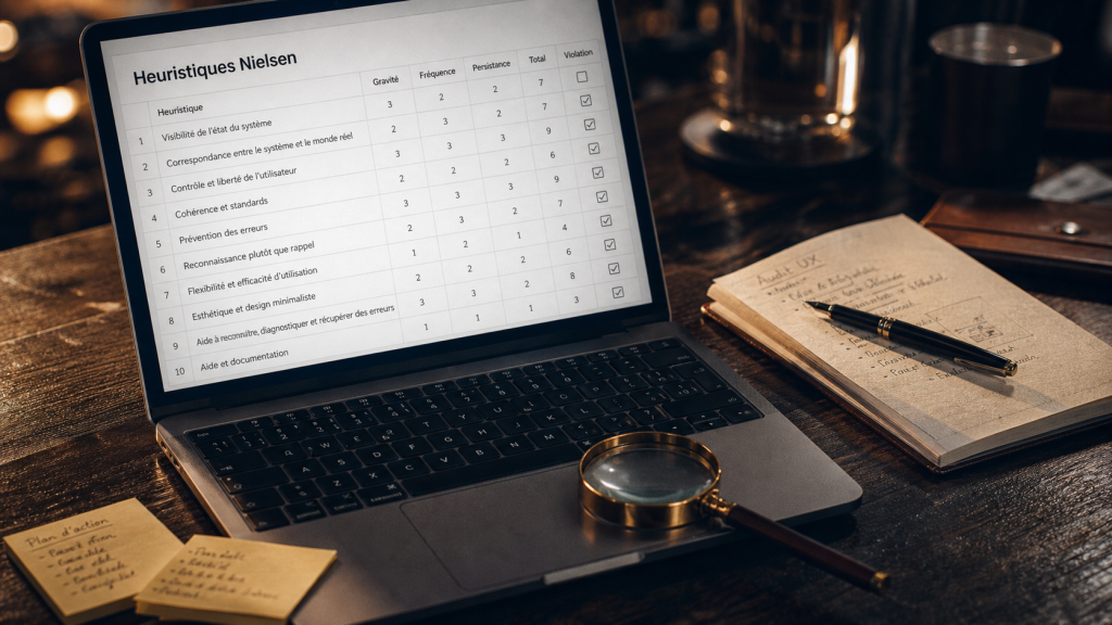 Audit UX avec heuristiques de nielsen sur ordinateur portable et checklist