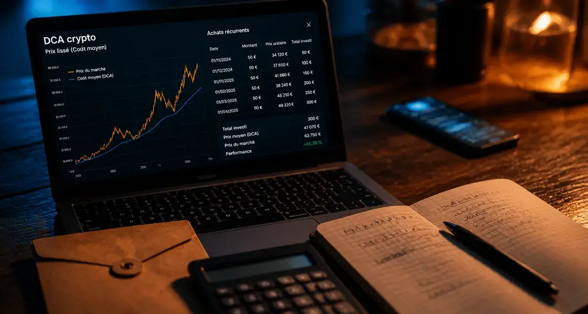 DCA crypto : graphique de prix lissé et achats récurrents