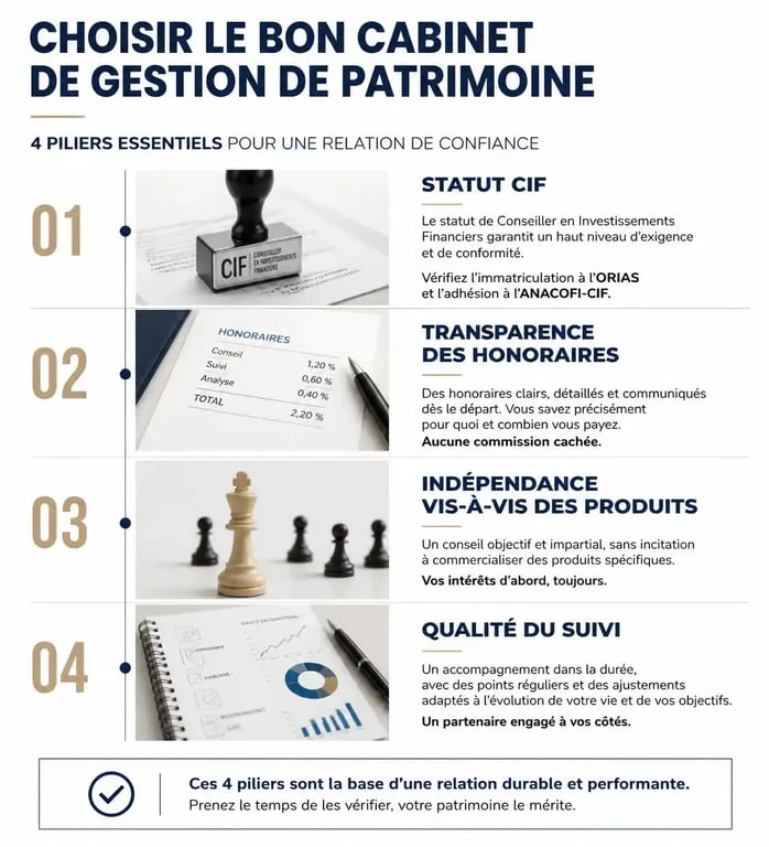 Infographie des critères de sélection pour un cabinet de gestion de patrimoine et classement des services