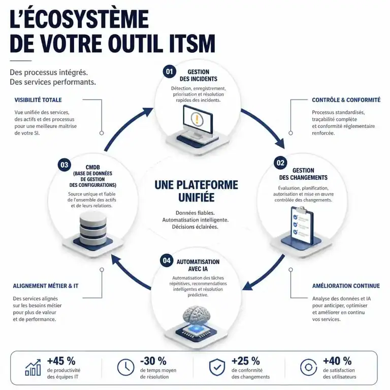 Infographie illustrant les fonctionnalités clés d'un outil ITSM : gestion des incidents, CMDB et automatisation par IA.