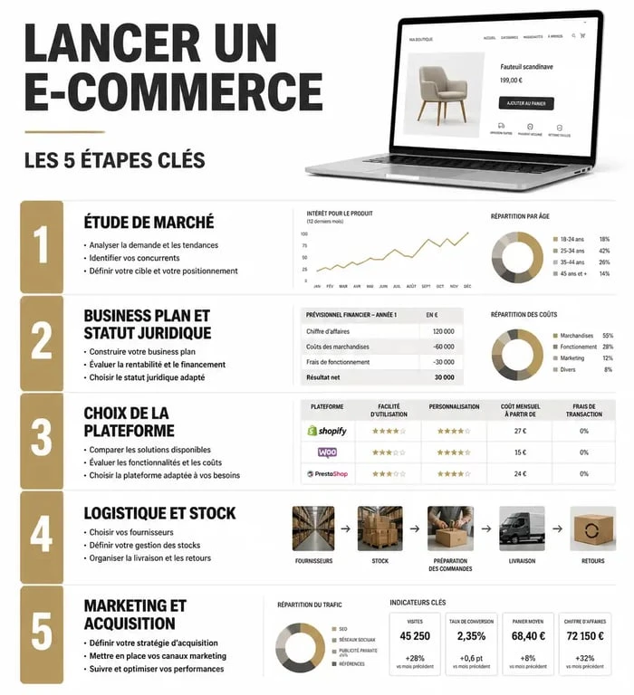 Étapes clés pour se lancer dans le e-commerce : guide visuel du projet de vente en ligne