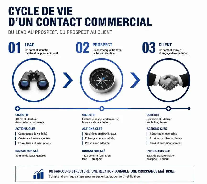 Schéma du cycle de vie d'un prospect : du lead au client