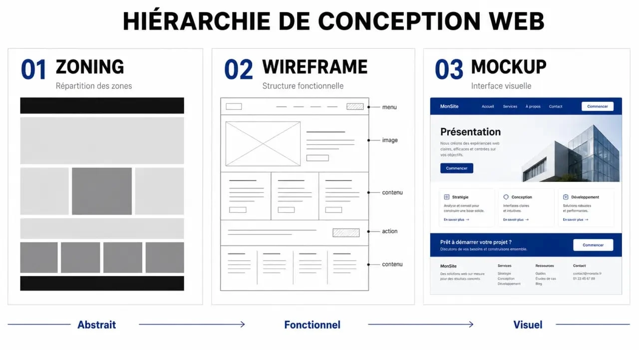 Schéma illustrant la différence entre zoning, wireframe et mockup pour la conception d'un site web