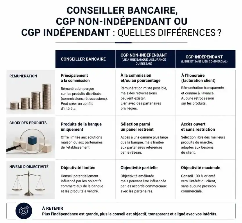 Comparatif des types de conseillers en gestion de patrimoine : conseiller bancaire, CGP et conseiller en gestion de patrimoine indépendant