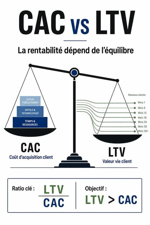 Schéma illustrant le rapport entre le coût d'acquisition client (CAC) et la LTV marketing pour optimiser la rentabilité.