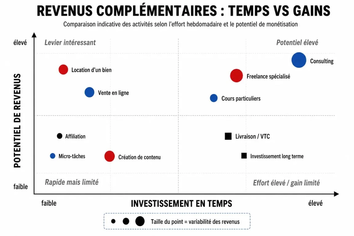 Infographie comparative des options pour générer des revenus complémentaires selon le temps et le gain