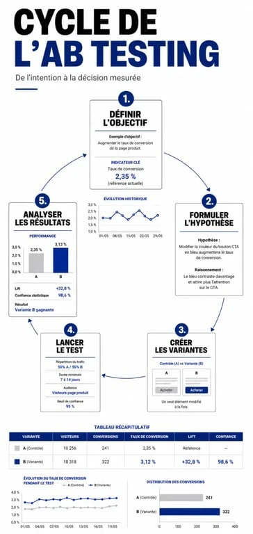 Infographie illustrant les étapes clés pour réussir un AB split test et optimiser ses conversions marketing.