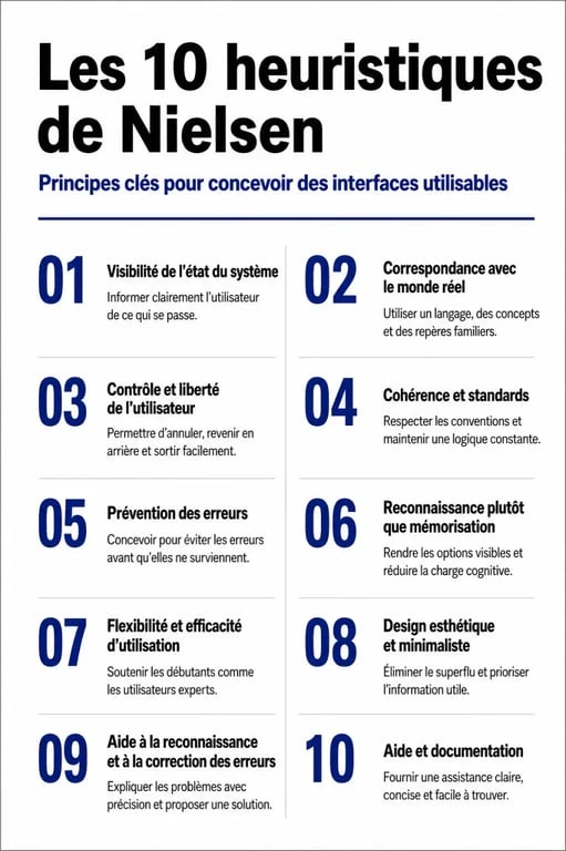 Infographie des 10 heuristiques de Nielsen pour l'évaluation de l'utilisabilité des interfaces UX
