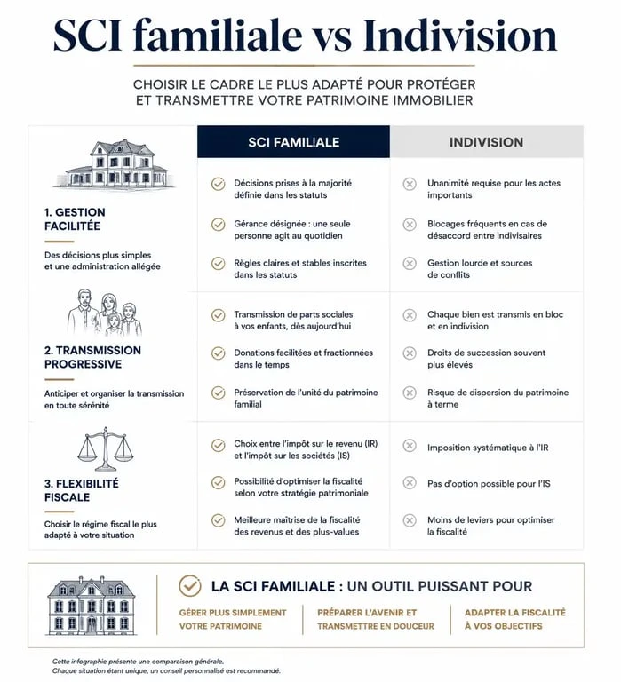 Infographie comparative des avantages de la SCI familiale pour la gestion et la transmission de patrimoine immobilier