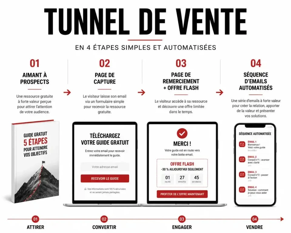 Schéma d'un tunnel de vente gratuit en 4 étapes pour convertir des prospects en clients