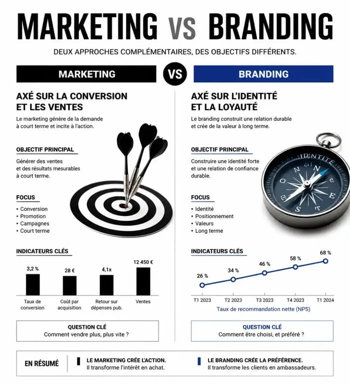 Infographie comparative illustrant les différences fondamentales entre le marketing et le branding pour une stratégie d'entreprise efficace.