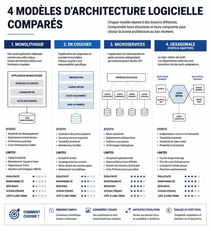 Infographie comparative des modèles d'architecture applicative : monolithe, couches, microservices et hexagonale