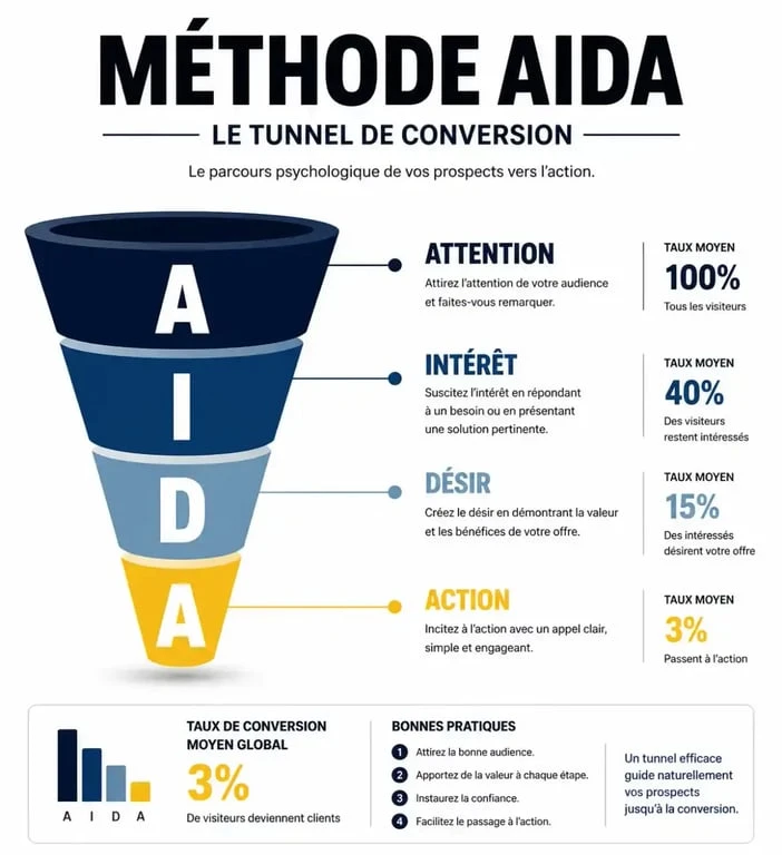Infographie illustrant le tunnel de conversion de la méthode AIDA pour le marketing