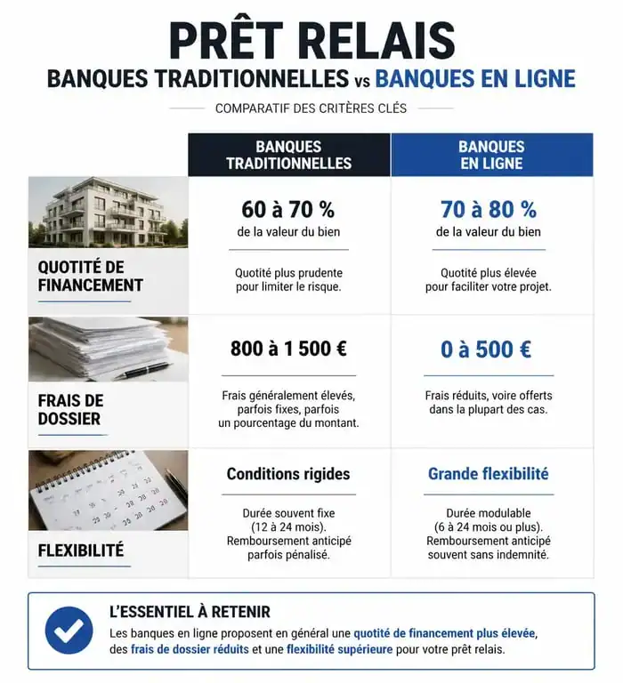 Comparatif des banques pour un prêt relais : banques traditionnelles vs banques en ligne