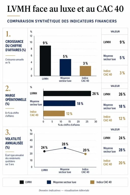 Infographie comparative des indicateurs financiers de l'action LVMH par rapport au secteur du luxe et au CAC 40
